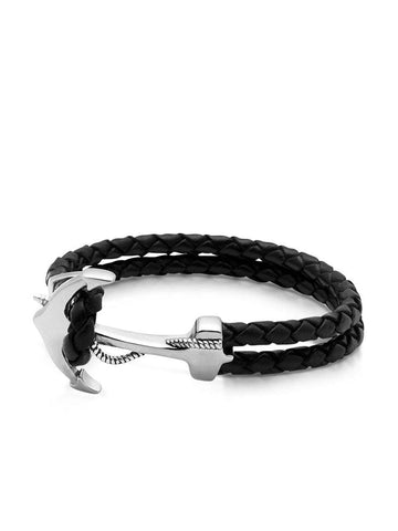 Nialaya Men's Leather Bracelet Men's Black Leather Bracelet with Silver Anchor
